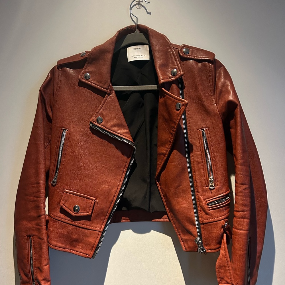 Bershka Burgundy Faux Leather Biker Jacket XS